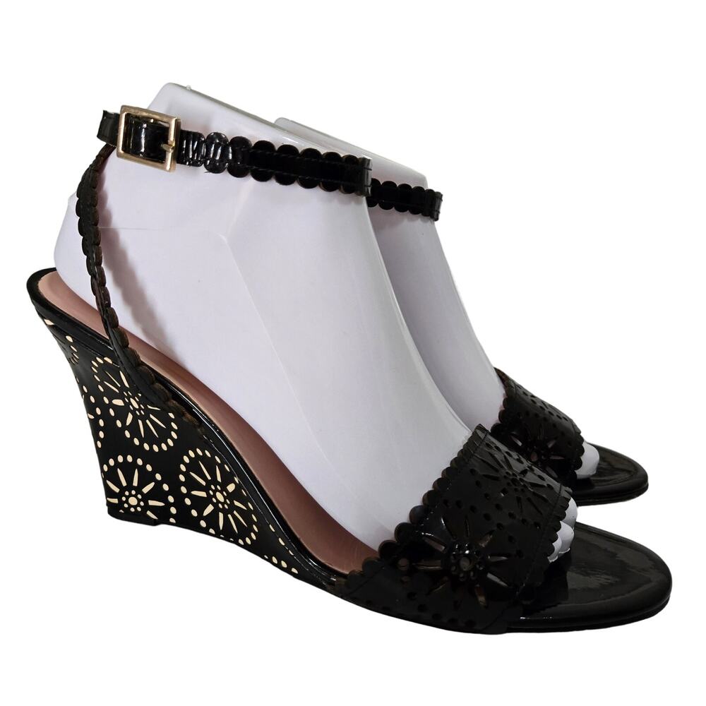 Preppy Feminine Kate Spade Patent Scalloped Wedge 9 Black Ankle Strap Open Toe